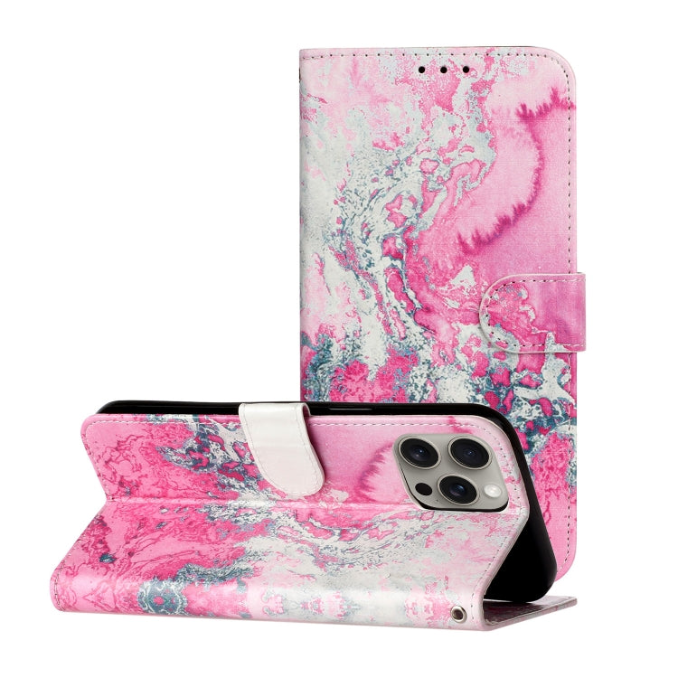 For iPhone 16 Pro Max Colored Drawing Marble Pattern Leather Phone Case(Pink Seawater) - iPhone 16 Pro Max Cases by buy2fix | Online Shopping UK | buy2fix