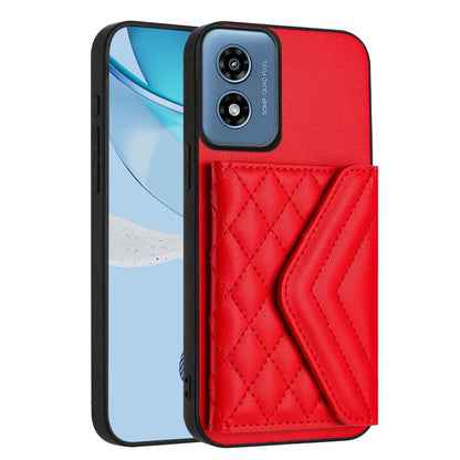 For Motorola Moto G Play 2024 5G Rhombic Texture Card Bag RFID Phone Case with Long Lanyard(Red) - Motorola Cases by buy2fix | Online Shopping UK | buy2fix