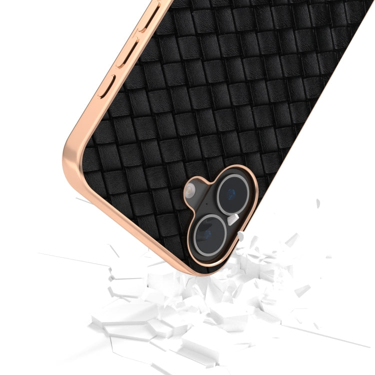 For iPhone 16 Plus Electroplated Frame Woven Texture PU Phone Case(Black) - iPhone 16 Plus Cases by buy2fix | Online Shopping UK | buy2fix