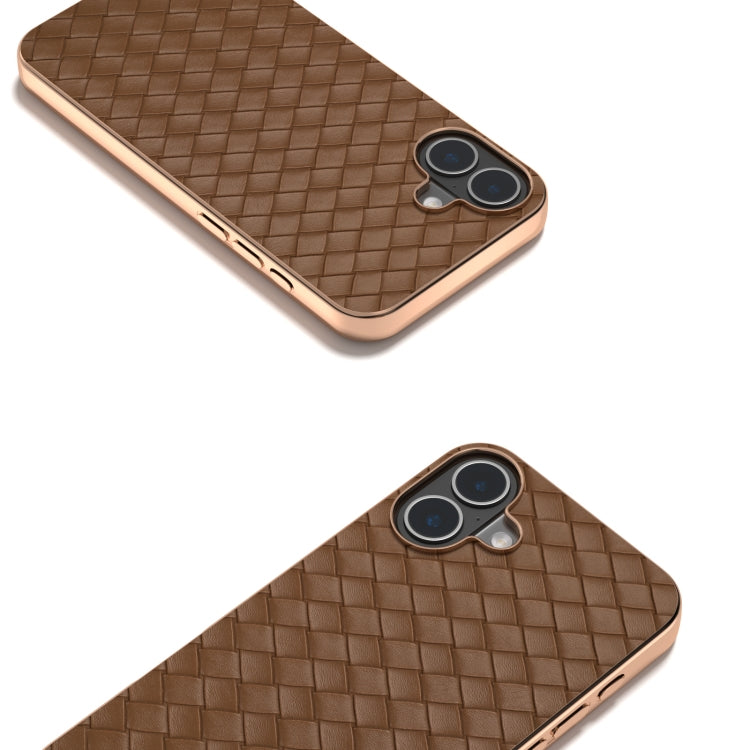 For iPhone 16 Plus Electroplated Frame Woven Texture PU Phone Case(Brown) - iPhone 16 Plus Cases by buy2fix | Online Shopping UK | buy2fix