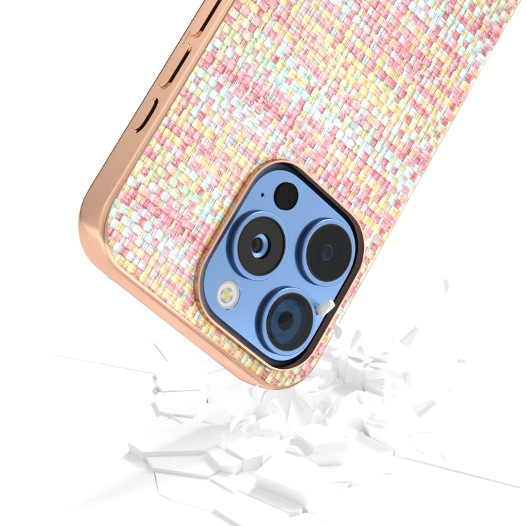 For iPhone 16 Pro Max Electroplated Frame Color Lattice Texture PU Phone Case(Pink) - iPhone 16 Pro Max Cases by buy2fix | Online Shopping UK | buy2fix