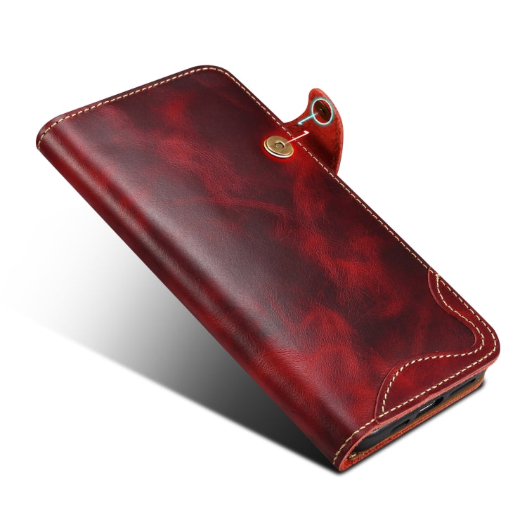 For iPhone 16 Plus Denior B01 Oil Wax Cowhide Magnetic Button Genuine Leather Case(Red) - iPhone 16 Plus Cases by Denior | Online Shopping UK | buy2fix