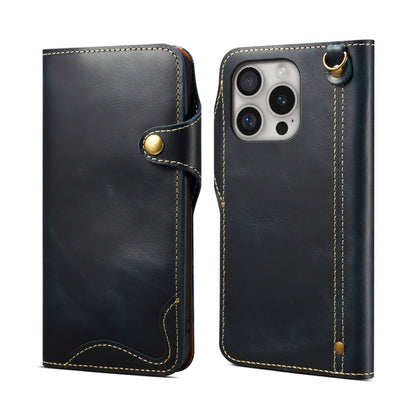 For iPhone 16 Pro Denior B01 Oil Wax Cowhide Magnetic Button Genuine Leather Case(Blue) - iPhone 16 Pro Cases by Denior | Online Shopping UK | buy2fix