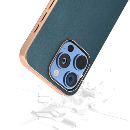 For iPhone 16 Pro ABEEL Electroplating Frame Genuine Leather Xiaoya Series Phone Case(Dark Green) - iPhone 16 Pro Cases by buy2fix | Online Shopping UK | buy2fix