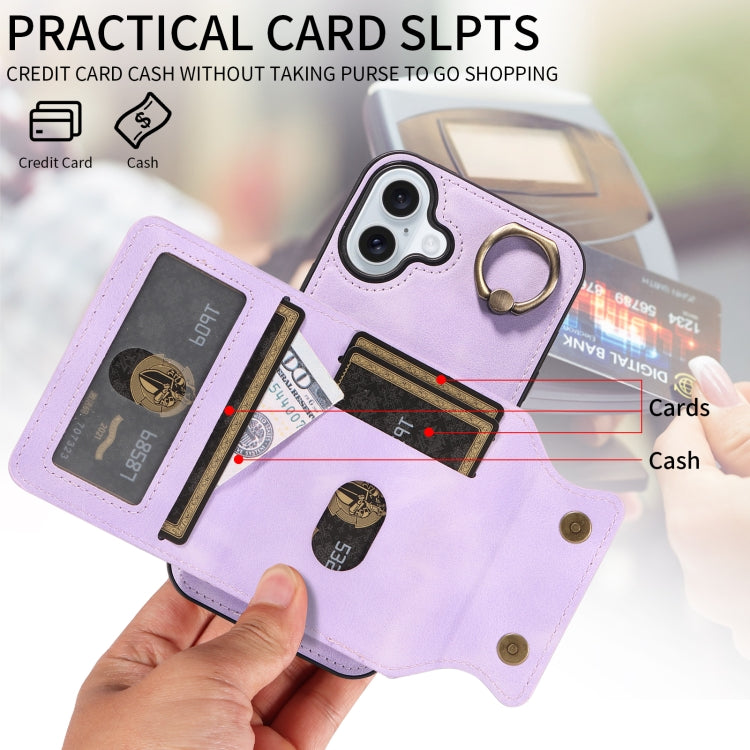 For iPhone 16 Plus Skin Feel Card Bag Phone Case with Ring Buckle(Purple) - iPhone 16 Plus Cases by buy2fix | Online Shopping UK | buy2fix