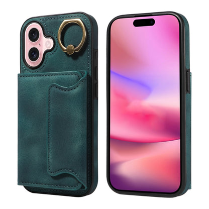 For iPhone 16 Skin Feel Card Bag Phone Case with Ring Buckle(Green) - iPhone 16 Cases by buy2fix | Online Shopping UK | buy2fix