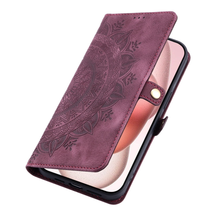 For iPhone 16 Plus Skin Feel Totem Embossed Leather Phone Case(Wine Red) - iPhone 16 Plus Cases by buy2fix | Online Shopping UK | buy2fix