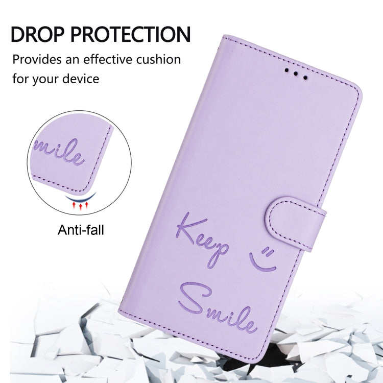 For iPhone 16 Pro Max Smile Embossing RFID Leather Phone Case(Light Purple) - iPhone 16 Pro Max Cases by buy2fix | Online Shopping UK | buy2fix