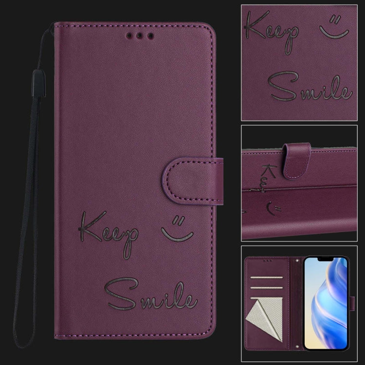 For iPhone 16 Pro Max Smile Embossing RFID Leather Phone Case(Violet) - iPhone 16 Pro Max Cases by buy2fix | Online Shopping UK | buy2fix