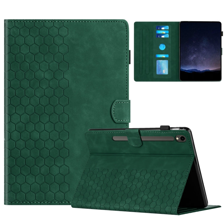 For Samsung Galaxy Tab S9 / S9 FE Honeycomb Embossed Leather Smart Tablet Case(Green) - Galaxy Tab S9 Cases by buy2fix | Online Shopping UK | buy2fix