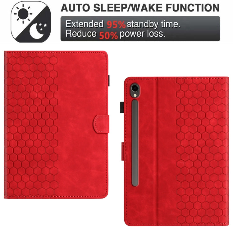 For Samsung Galaxy Tab S9 / S9 FE Honeycomb Embossed Leather Smart Tablet Case(Red) - Galaxy Tab S9 Cases by buy2fix | Online Shopping UK | buy2fix