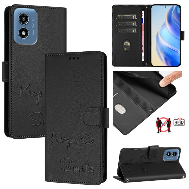 For Motorola Moto G 5G 2024 Global Smile Embossing RFID Leather Phone Case(Black) - Motorola Cases by buy2fix | Online Shopping UK | buy2fix