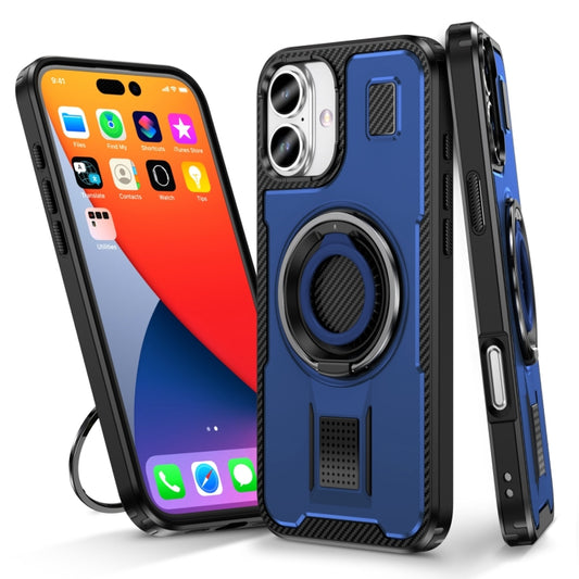 For iPhone 16 Ring Holder Carbon Fiber PC Hybrid TPU Phone Case(Blue) - iPhone 16 Cases by buy2fix | Online Shopping UK | buy2fix