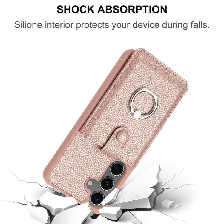 For Samsung Galaxy S25 5G Litchi Texture Drawing Card Bag Ring Holder Phone Case(Rose Gold) - Galaxy S25 5G Cases by buy2fix | Online Shopping UK | buy2fix