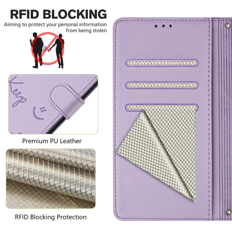 For Redmi K70 Ultra 5G Global Smile Embossing RFID Leather Phone Case(Light Purple) - Xiaomi Cases by buy2fix | Online Shopping UK | buy2fix