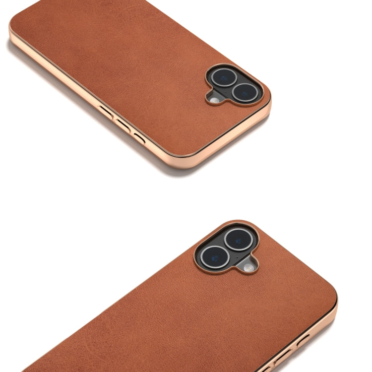 For iPhone 16 Nano Electroplating Dual Color Cowhide Texture Protective Phone Case(Brown) - iPhone 16 Cases by buy2fix | Online Shopping UK | buy2fix