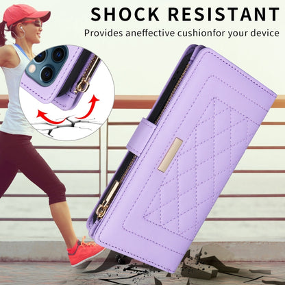 For iPhone 16 Plus Crossbody Zipper Wallet Rhombus Leather Phone Case(Purple) - iPhone 16 Plus Cases by buy2fix | Online Shopping UK | buy2fix