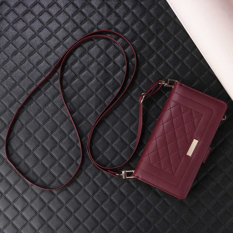 For iPhone 16 Plus Crossbody Zipper Wallet Rhombus Leather Phone Case(Wine Red) - iPhone 16 Plus Cases by buy2fix | Online Shopping UK | buy2fix