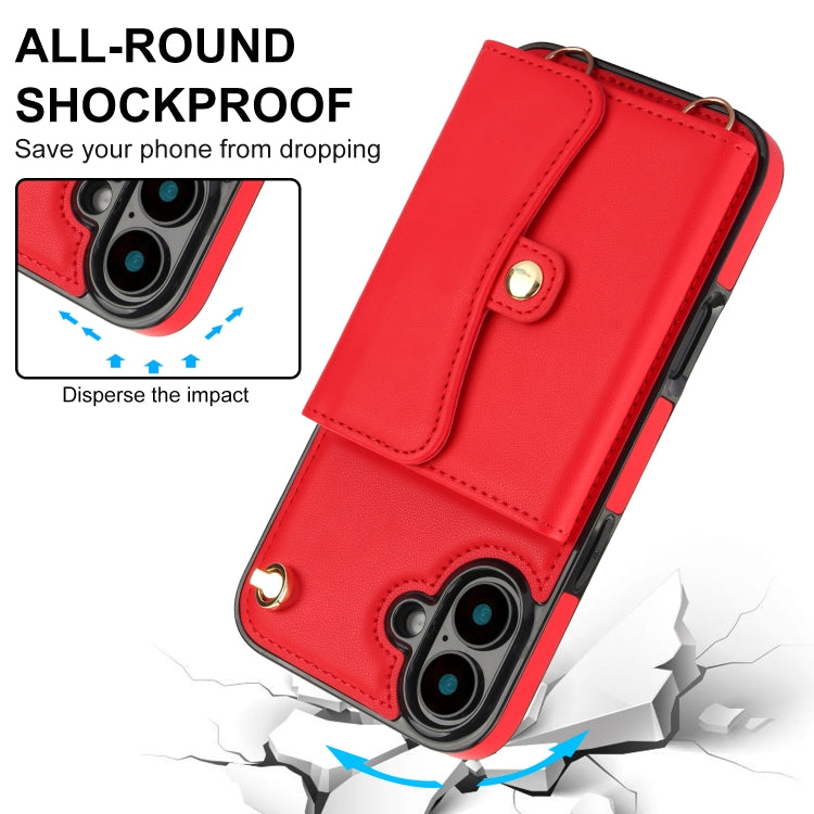 For iPhone 16 RFID Card Slot Phone Case with Long Lanyard(Red) - iPhone 16 Cases by buy2fix | Online Shopping UK | buy2fix