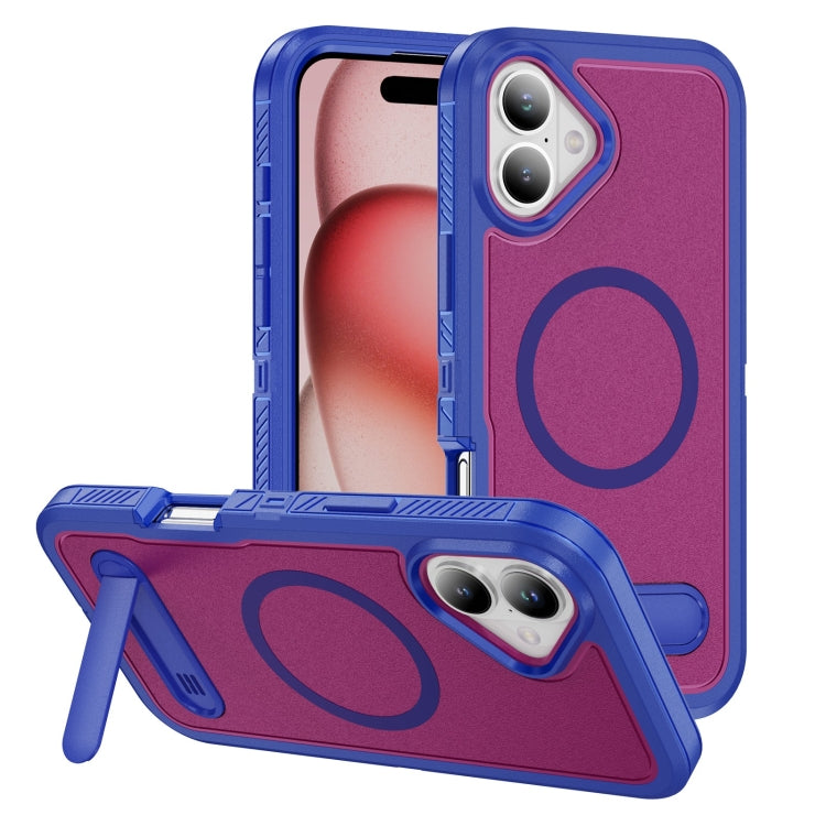 For iPhone 16 Plus Guard MagSafe Holder Matte PC Hybrid TPU Phone Case(Blue Rose Red) - iPhone 16 Plus Cases by buy2fix | Online Shopping UK | buy2fix