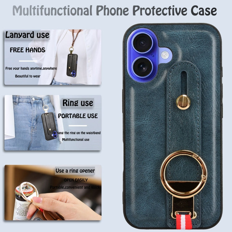 For iPhone 16 Plus Wristband Leather Back Phone Case(Blue) - iPhone 16 Plus Cases by buy2fix | Online Shopping UK | buy2fix