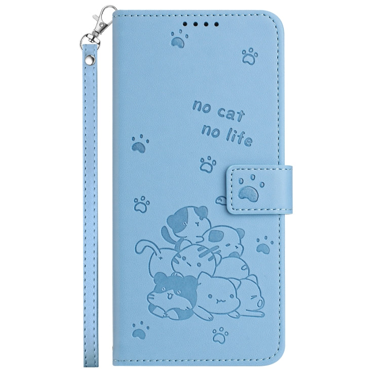 For iPhone 16 Plus Embossed Kitten Phone Leather Case with Lanyard(Blue) - iPhone 16 Plus Cases by buy2fix | Online Shopping UK | buy2fix