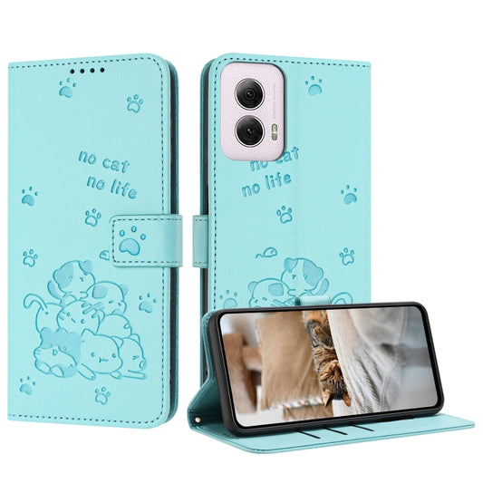 For Motorola Moto G Power 5G 2024 Embossed Kitten Phone Leather Case with Lanyard(Mint Green) - Motorola Cases by buy2fix | Online Shopping UK | buy2fix