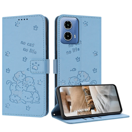 For Motorola Moto G Stylus 5G 2024 Embossed Kitten Phone Leather Case with Lanyard(Blue) - Motorola Cases by buy2fix | Online Shopping UK | buy2fix