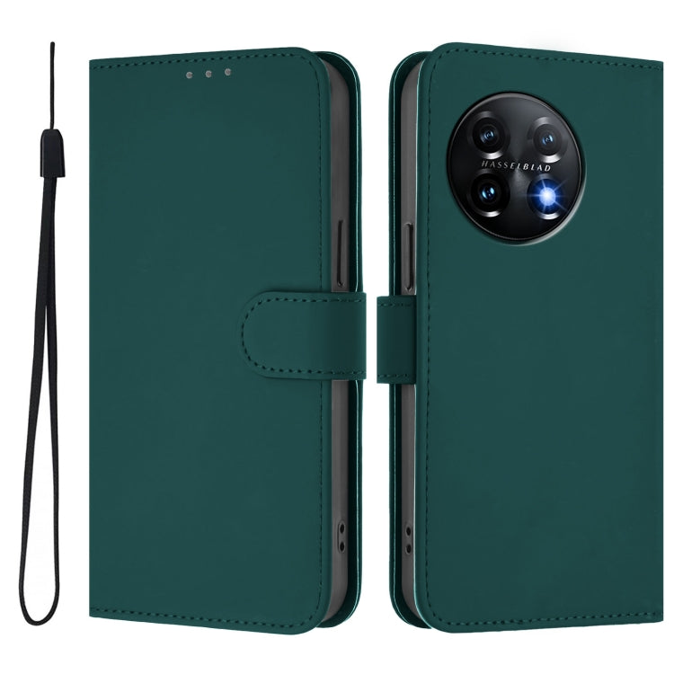 For OnePlus 11 Skin Feel Solid Color Leather Phone Case with Lanyard(Dark Green) - OnePlus Cases by buy2fix | Online Shopping UK | buy2fix