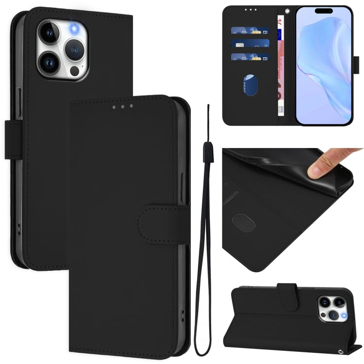 For iPhone 16 Pro Max Skin Feel Solid Color Leather Phone Case with Lanyard(Black) - iPhone 16 Pro Max Cases by buy2fix | Online Shopping UK | buy2fix