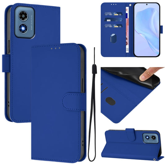 For Motorola Moto G Play 4G 2024 Global Skin Feel Solid Color Leather Phone Case with Lanyard(Dark Blue) - Motorola Cases by buy2fix | Online Shopping UK | buy2fix