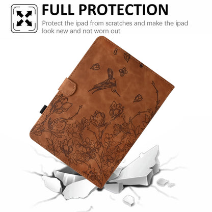 For Samsung Galaxy Tab S9 Flowers and Bird Embossed Smart Leather Tablet Case(Brown) - Galaxy Tab S9 Cases by buy2fix | Online Shopping UK | buy2fix