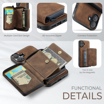 For iPhone 16 Plus JEEHOOD J02 Magnetic Zipper Horizontal Flip Leather Phone Case(Brown) - iPhone 16 Plus Cases by JEEHOOD | Online Shopping UK | buy2fix