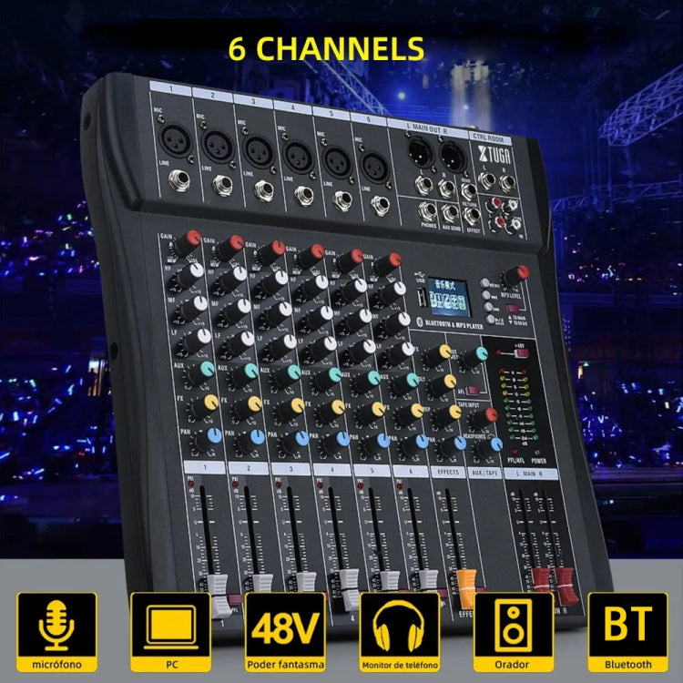 XTUGA CT60X 6-Channels Audio Mixer DJ Mixing Console with 48V Power Supply(UK Plug) - Live Sound Effects Processors by XTUGA | Online Shopping UK | buy2fix