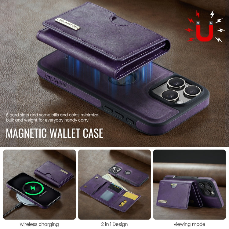 For iPhone 16 Pro DG.MING M6 Series RFID Tri-fold Card Bag Removable Leather Phone Case(Purple) - iPhone 16 Pro Cases by DG.MING | Online Shopping UK | buy2fix