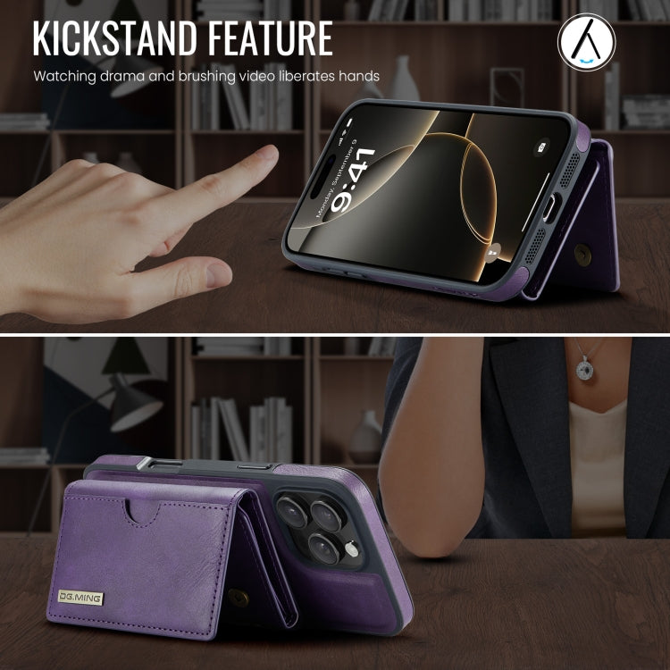 For iPhone 16 Pro DG.MING M6 Series RFID Tri-fold Card Bag Removable Leather Phone Case(Purple) - iPhone 16 Pro Cases by DG.MING | Online Shopping UK | buy2fix