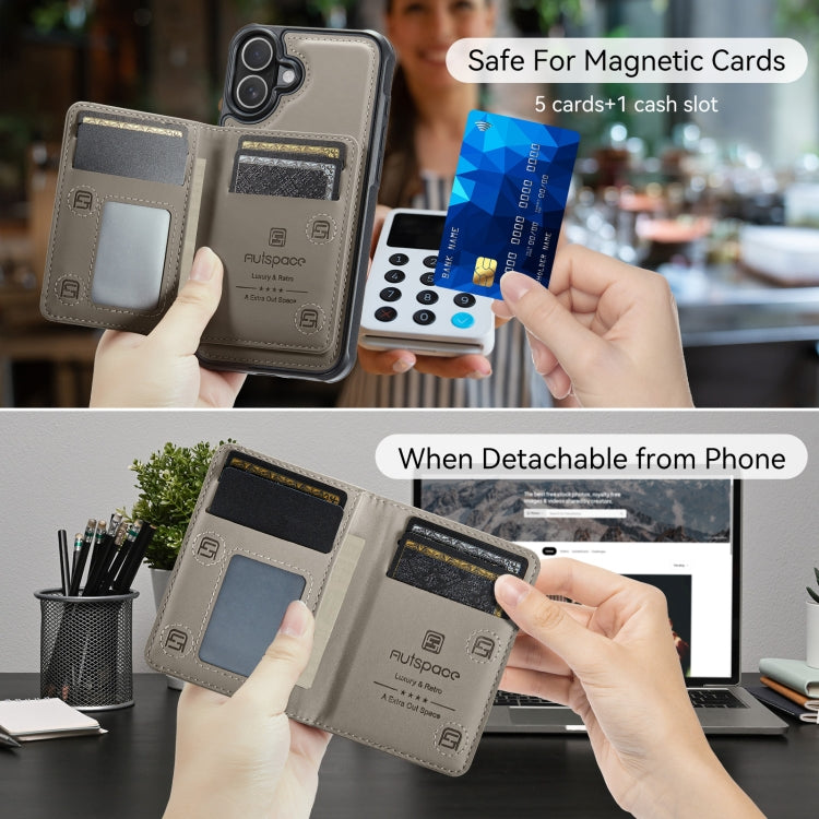 For iPhone 16 AutSpace A13 MagSafe Magnetic RFID Flip Card Bag Phone Case(Grey) - iPhone 16 Cases by AutSpace | Online Shopping UK | buy2fix