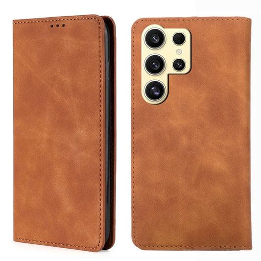 For Samsung Galaxy S25 Ultra 5G Skin Feel Magnetic Leather Phone Case(Light Brown) - Galaxy S25 Ultra 5G Cases by buy2fix | Online Shopping UK | buy2fix