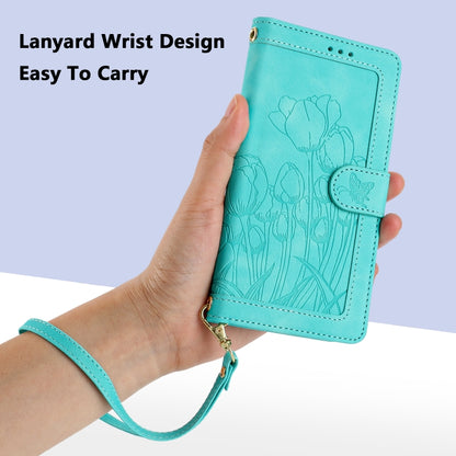 For Samsung Galaxy S25 Ultra 5G Tulips Embossed Leather Phone Case with Lanyard(Green) - Galaxy S25 Ultra 5G Cases by buy2fix | Online Shopping UK | buy2fix