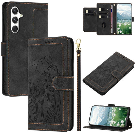 For Samsung Galaxy S25+ 5G Tulips Embossed Leather Phone Case with Lanyard(Black) - Galaxy S25+ 5G Cases by buy2fix | Online Shopping UK | buy2fix