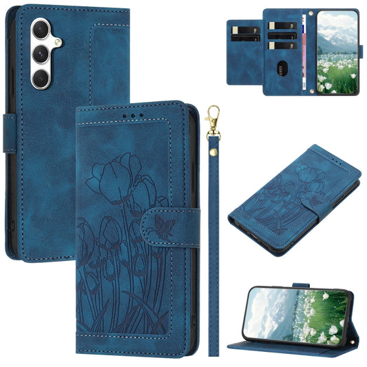 For Samsung Galaxy S25 5G Tulips Embossed Leather Phone Case with Lanyard(Blue) - Galaxy S25 5G Cases by buy2fix | Online Shopping UK | buy2fix