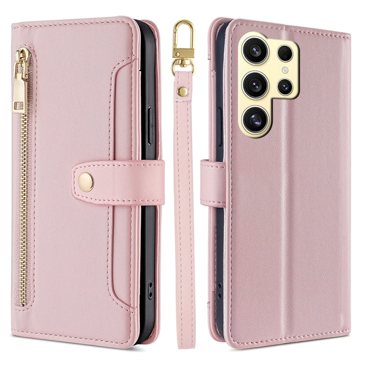 For Samsung Galaxy S25 Ultra 5G Sheep Texture Cross-body Zipper Wallet Leather Phone Case(Pink) - Galaxy S25 Ultra 5G Cases by buy2fix | Online Shopping UK | buy2fix