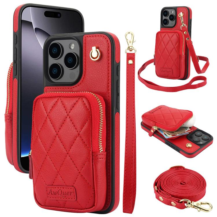 For iPhone 16 Pro Max AwQuer Crossbody Zipper Wallet Bag Litchi Leather Phone Case(Red) - iPhone 16 Pro Max Cases by Awquer | Online Shopping UK | buy2fix