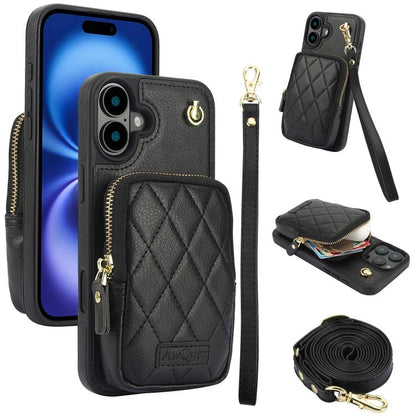 For iPhone 16 AwQuer Crossbody Zipper Wallet Bag Litchi Leather Phone Case(Black) - iPhone 16 Cases by Awquer | Online Shopping UK | buy2fix