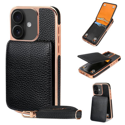 For iPhone 16 VIETAO Litchi Texture Wallet PU Phone Case with Lanyard(Black) - iPhone 16 Cases by VIETAO | Online Shopping UK | buy2fix