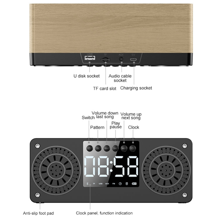 A10 Subwoofer Wooden Clock Bluetooth 5.0 Speaker, Support TF Card & U Disk Play & FM Radio(Black) - Desktop Speaker by buy2fix | Online Shopping UK | buy2fix