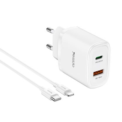 Yesido YC47 USB-C / Type-C + USB Travel Charger with 1m USB-C / Type-C to 8 Pin Cable, EU Plug (White) - USB Charger by Yesido | Online Shopping UK | buy2fix