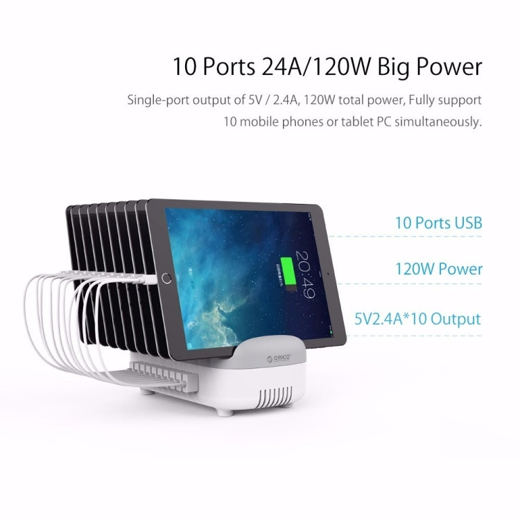 ORICO DUK-10P 120W 10 USB Ports Smart Charging Station with Phone & Tablet Stand, UK Plug(White) - Multifunction Charger by ORICO | Online Shopping UK | buy2fix