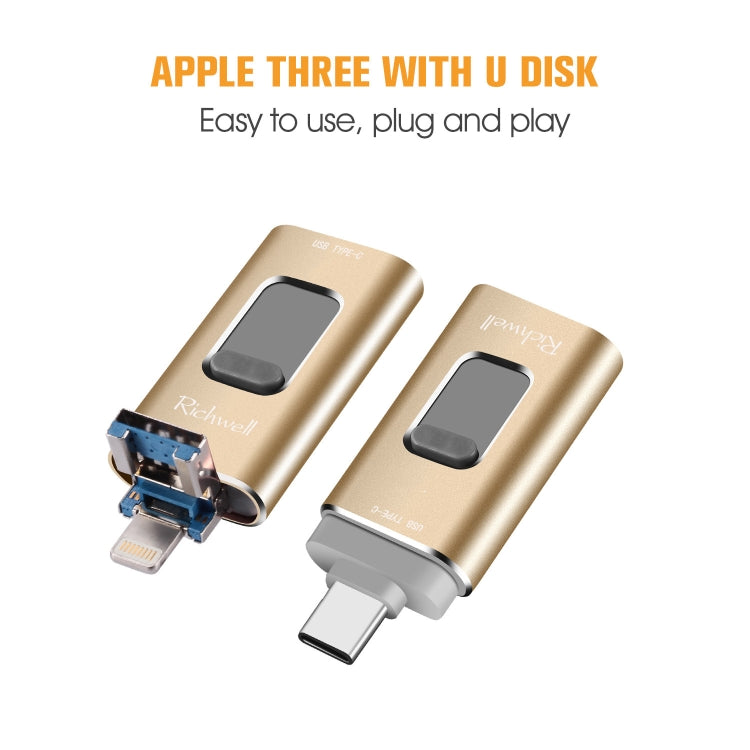 Richwell 3 in 1 32G Type-C + 8 Pin + USB 3.0 Metal Push-pull Flash Disk with OTG Function(Gold) - U Disk & Card Reader by Richwell | Online Shopping UK | buy2fix