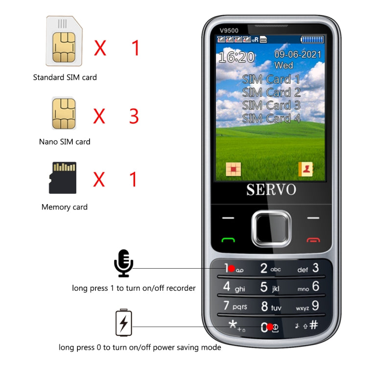 SERVO V9500 Mobile Phone, Russian Key, 2.4 inch, Spredtrum SC6531CA, 21 Keys, Support Bluetooth, FM, Magic Sound, Flashlight, GSM, Quad SIM(Silver) - SERVO by SERVO | Online Shopping UK | buy2fix